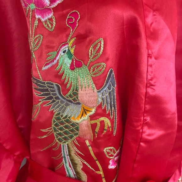 Vintage Phoenix Embroidery China Red Silk Kimono Robe With Tie Dragon Birds L - Picture 4 of 6